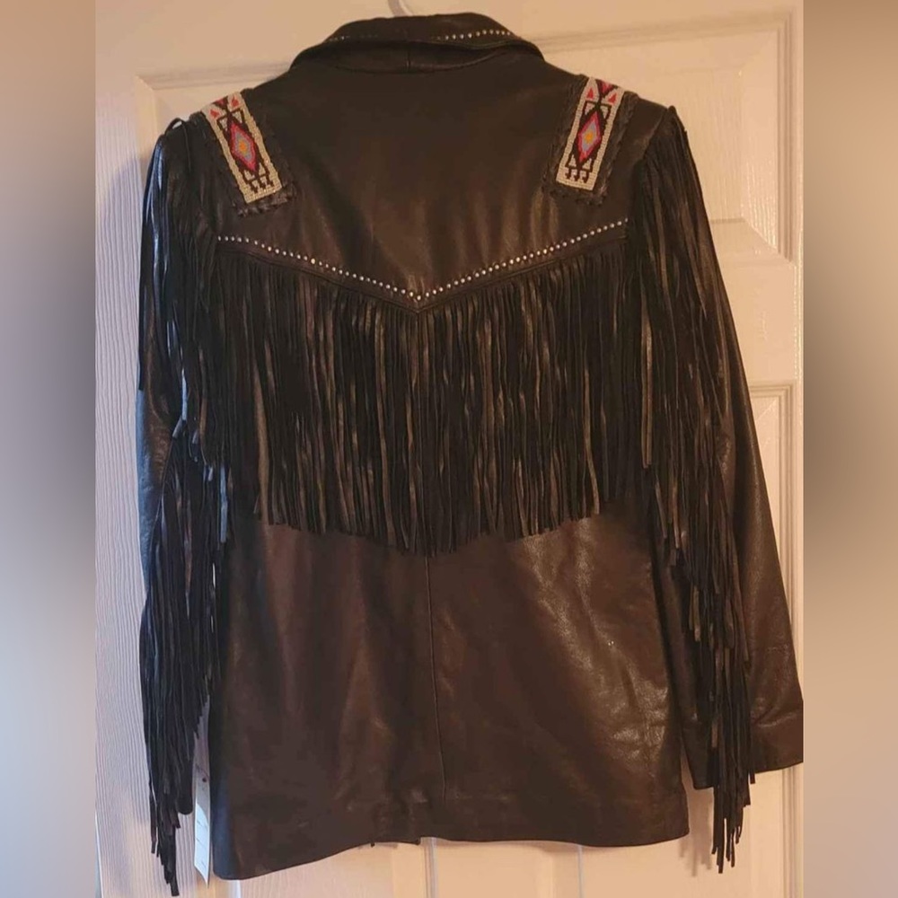 Western World by Shaf Vintage Black Leather Jacket with Fringe Tassels & Beaded - Picture 3 of 10